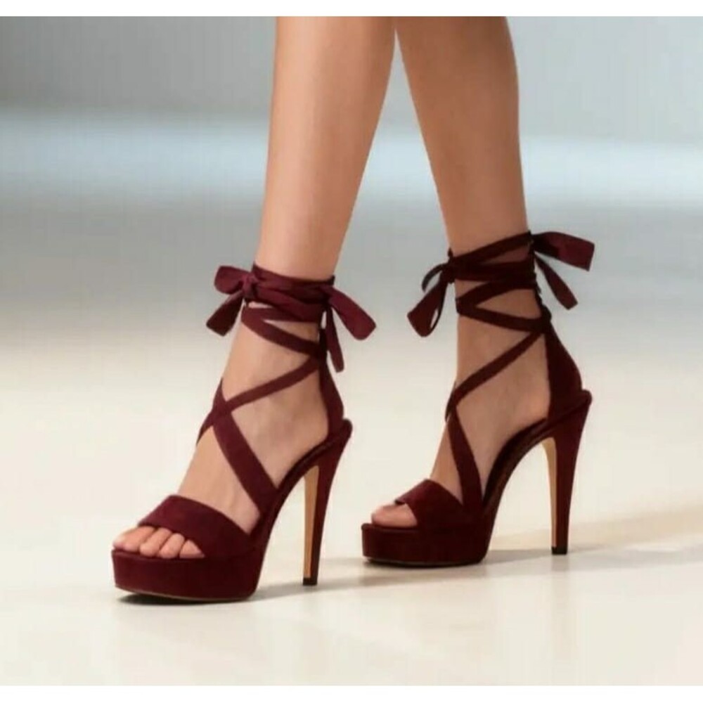 Glaze Burgundy Suede Strappy Open Toe Ankle Strap Stiletto Platform Tie AU 4